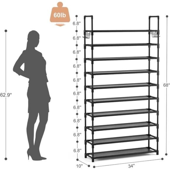 Tall Shoe Rack 10 Tier Storage Organizer Holds 50 Pairs Metal Shelf Black - Picture 3 of 7